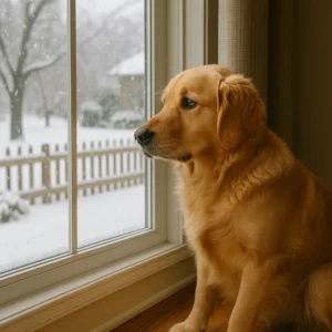 A Dog watching outside of a window at the cold snowy covered yard